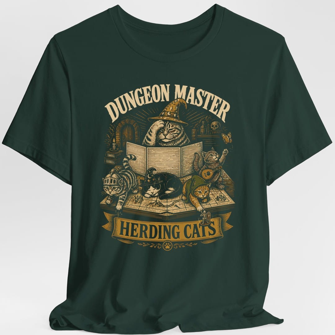 The same Dungeon Master Herding Cats design, on a forest green t-shirt.