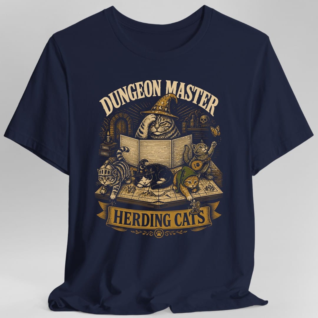 The same Dungeon Master Herding Cats design, on a navy t-shirt.