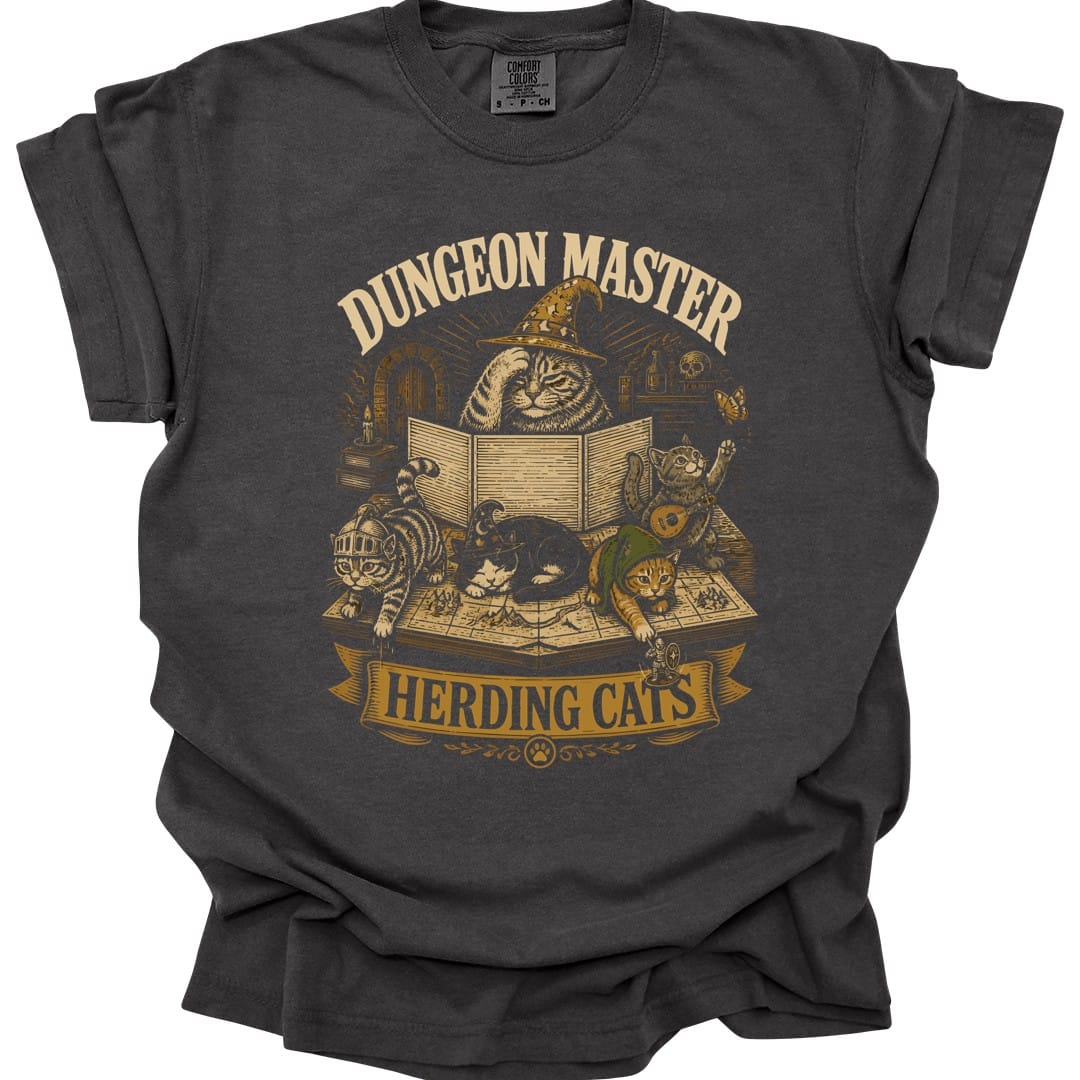 The same Dungeon Master Herding Cats design, on a pepper t-shirt.