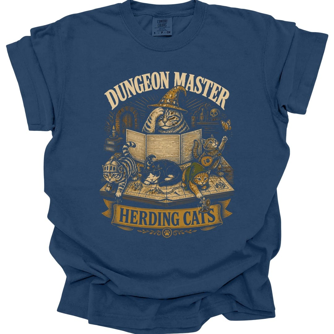 The same Dungeon Master Herding Cats design, on a true navy t-shirt.
