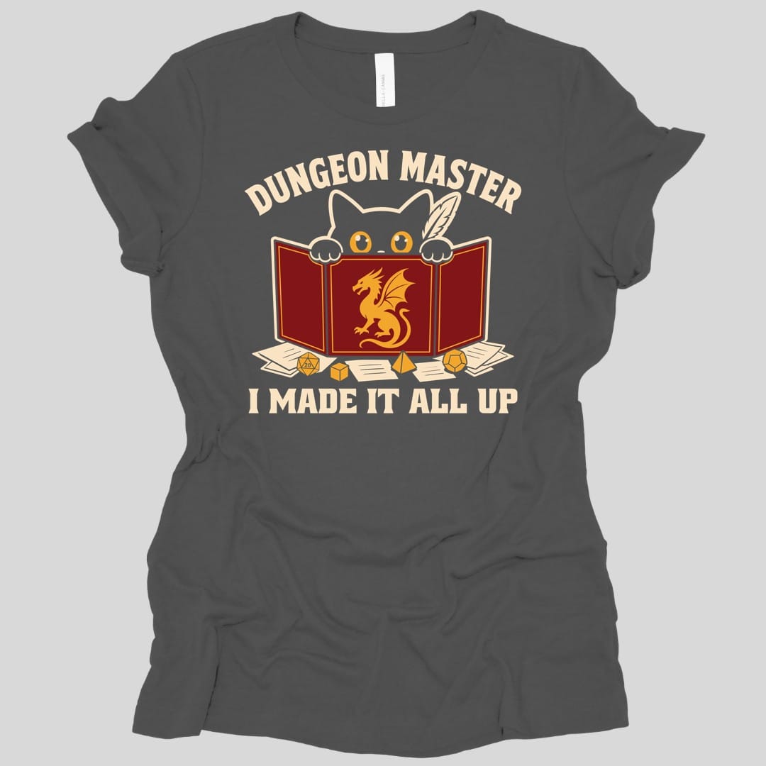 The same Dungeon Master cat behind screen design, on an asphalt women's t-shirt.