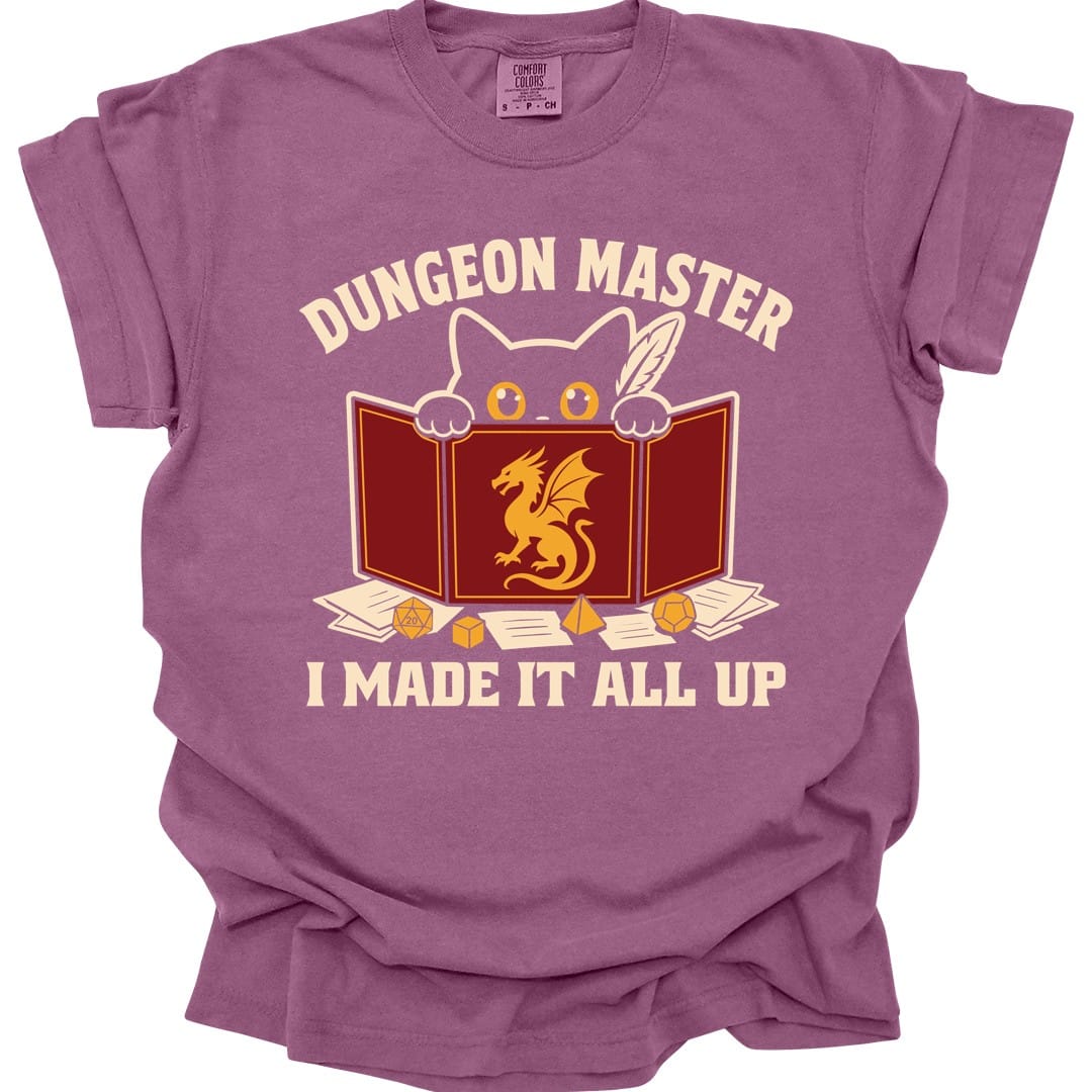 The same Dungeon Master cat behind screen design, on a berry t-shirt.