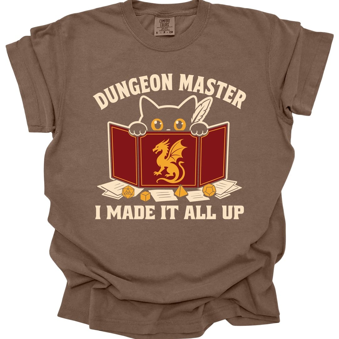 The same Dungeon Master cat behind screen design, on an espresso t-shirt.
