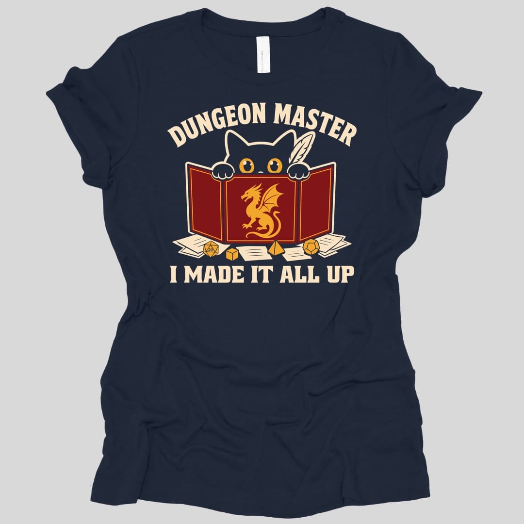 The same Dungeon Master cat behind screen design, on a navy women's t-shirt.