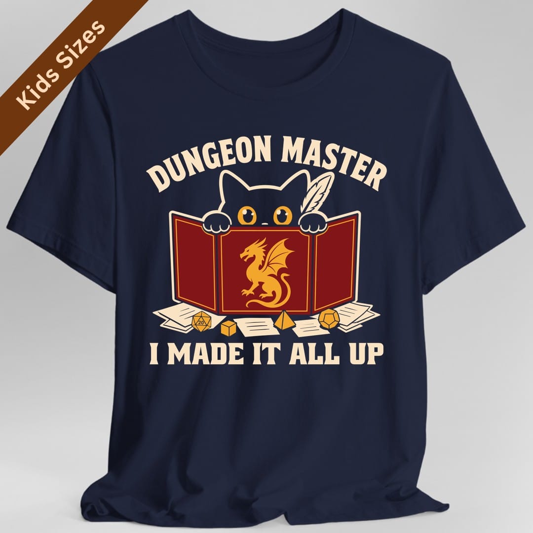 The same Dungeon Master cat behind screen design, on a navy kids t-shirt.