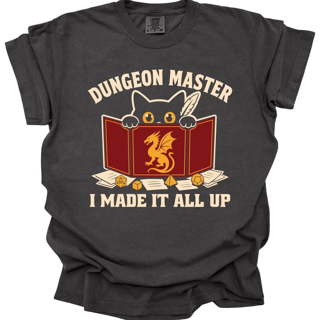 The same Dungeon Master cat behind screen design, on a pepper t-shirt.