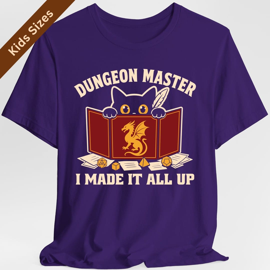 The same Dungeon Master cat behind screen design, on a purple kids t-shirt.