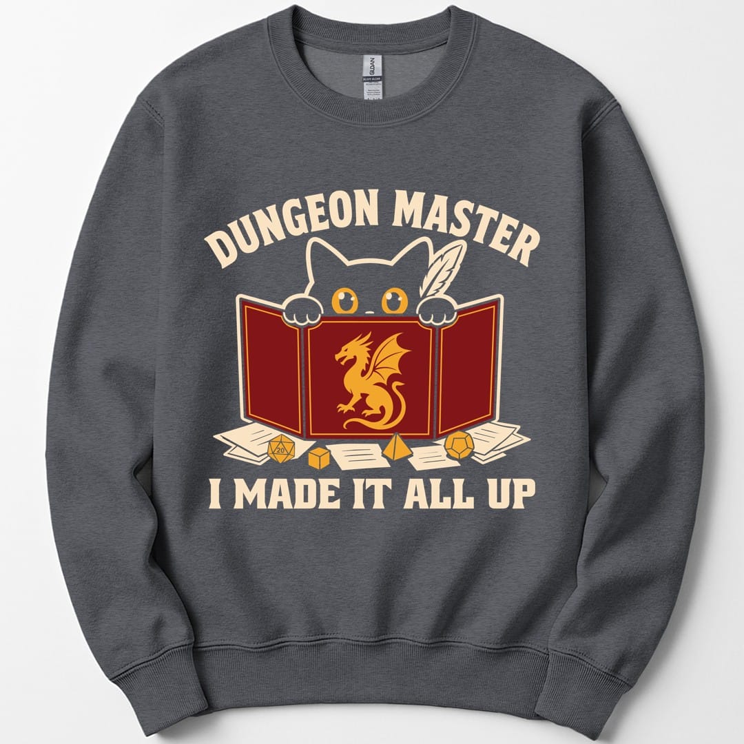 The same Dungeon Master cat behind screen design, on a dark heather sweatshirt.