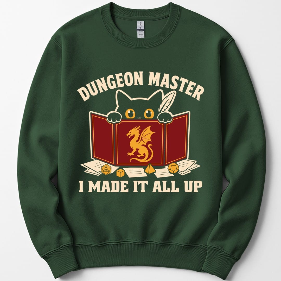 The same Dungeon Master cat behind screen design, on a forest green sweatshirt.