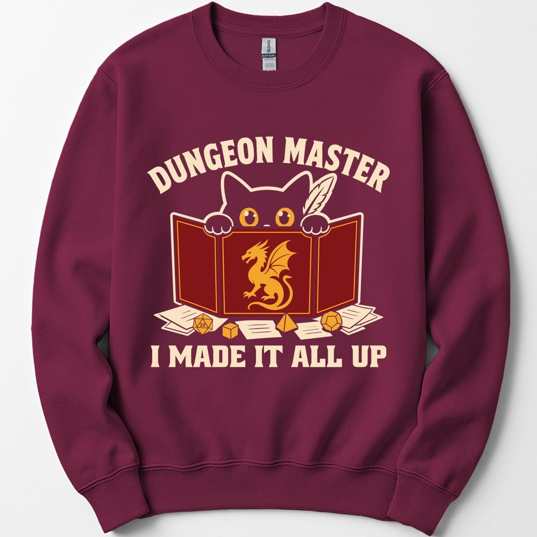 The same Dungeon Master cat behind screen design, on a maroon sweatshirt.