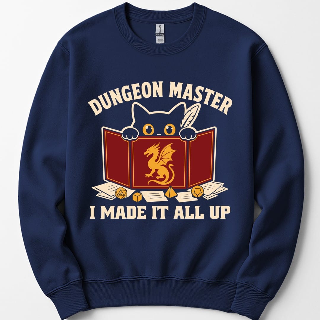 The same Dungeon Master cat behind screen design, on a navy sweatshirt.