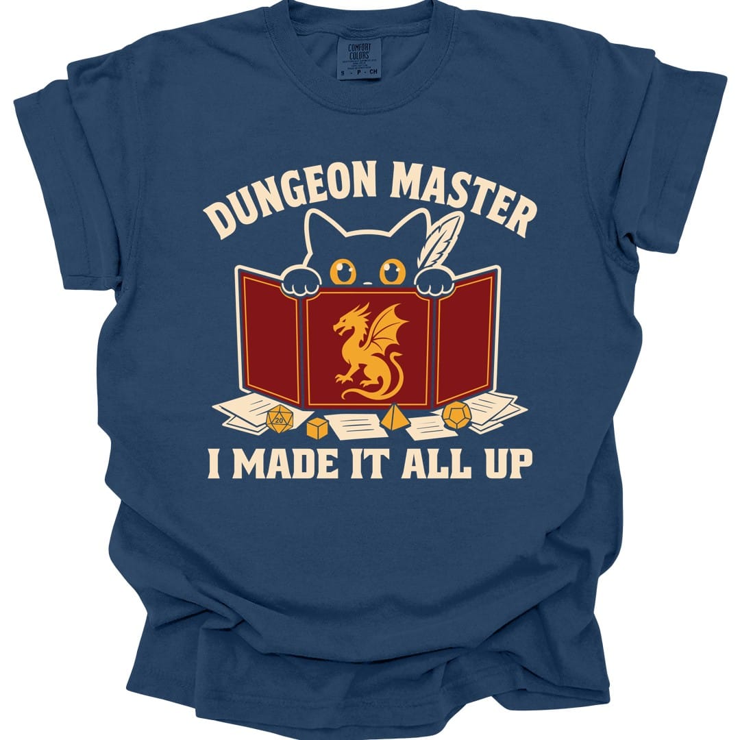 The same Dungeon Master cat behind screen design, on a true navy t-shirt.