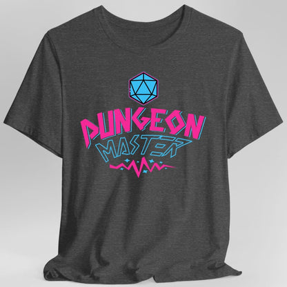 The same Dungeon Master retro 90s design, on a dark heather t-shirt.