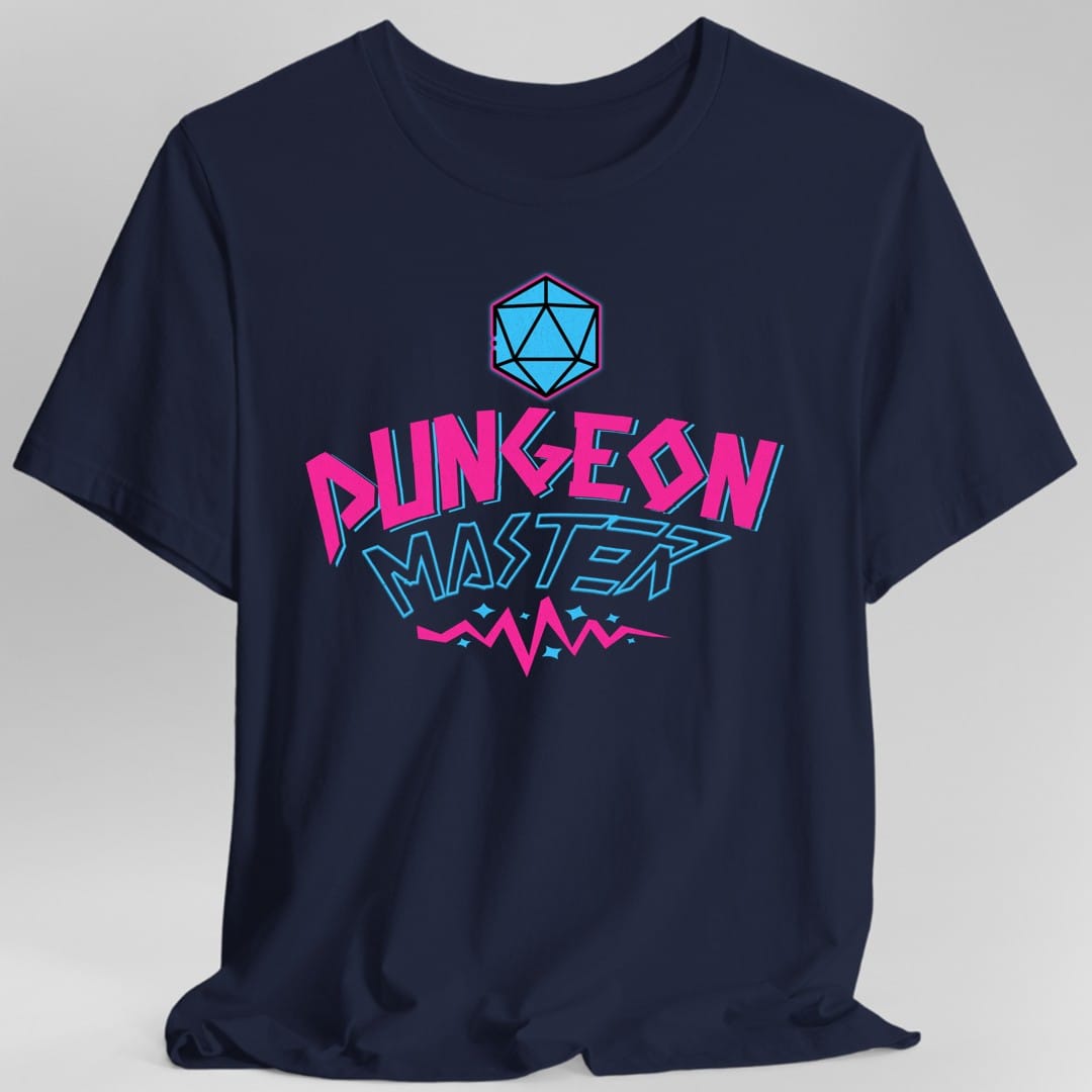 The same Dungeon Master retro 90s design, on a navy t-shirt.