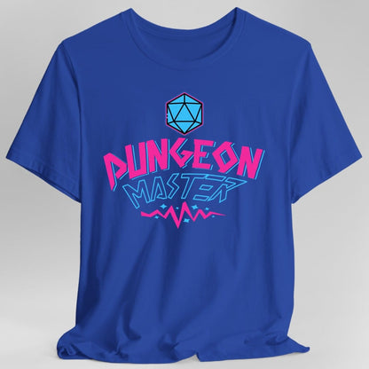 The same Dungeon Master retro 90s design, on a royal t-shirt.