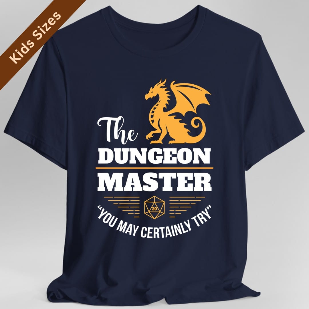 The same Dungeon Master dragon design, on a navy kids t-shirt.