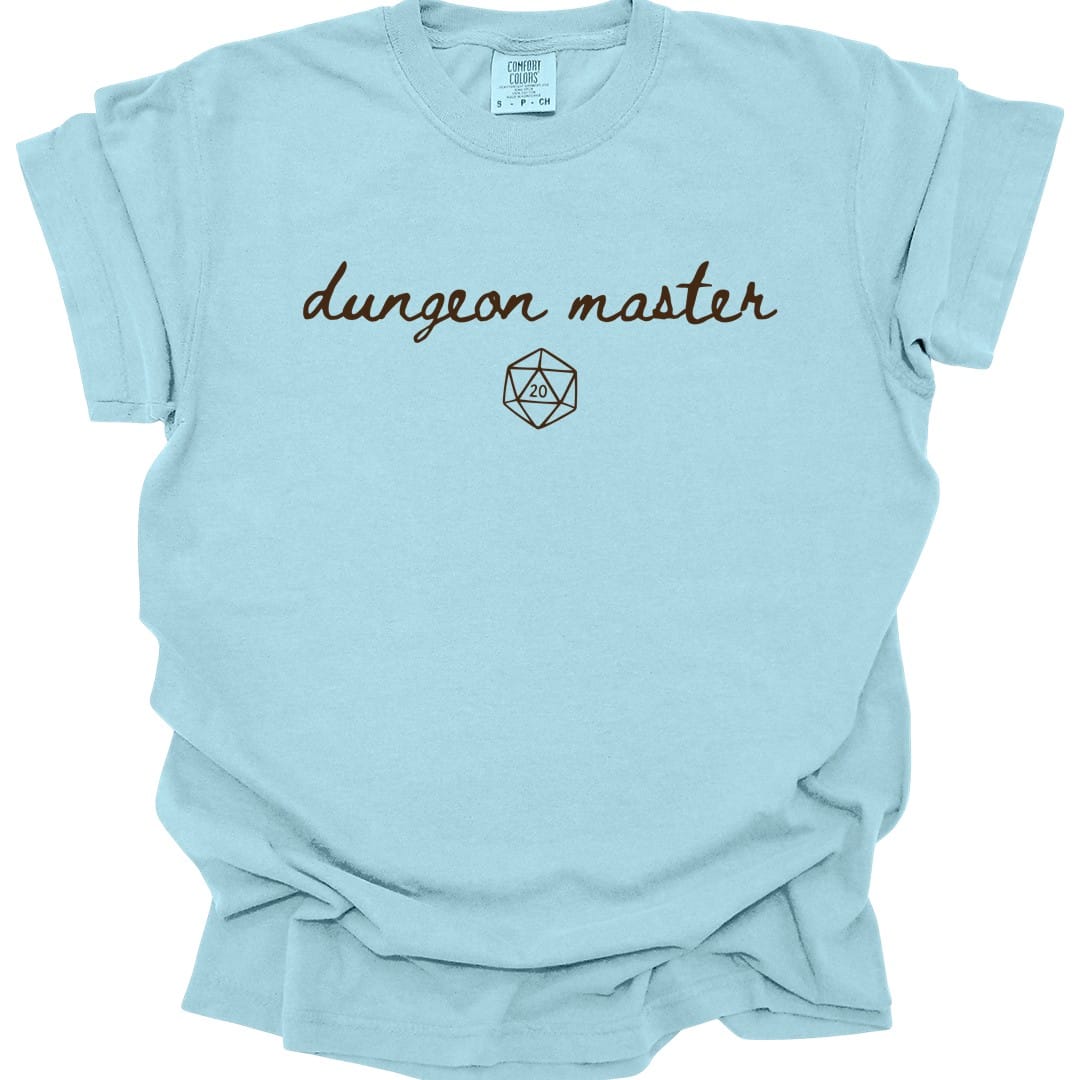 The same Dungeon Master handwritten design, on a chambray t-shirt.