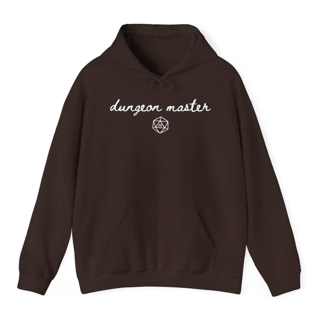 The same Dungeon Master handwritten design, on a dark chocolate hoodie.