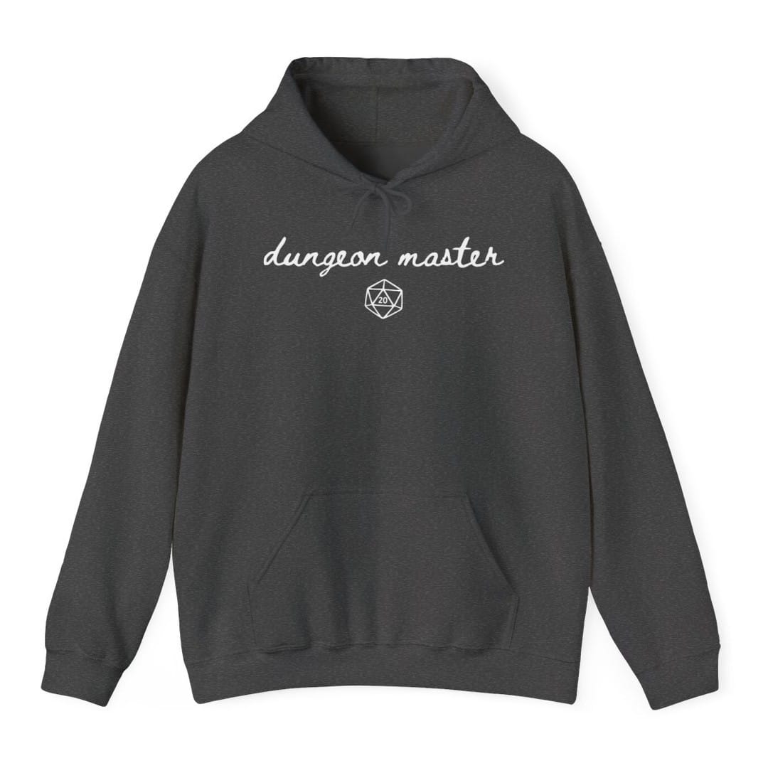 The same Dungeon Master handwritten design, on a dark heather hoodie.
