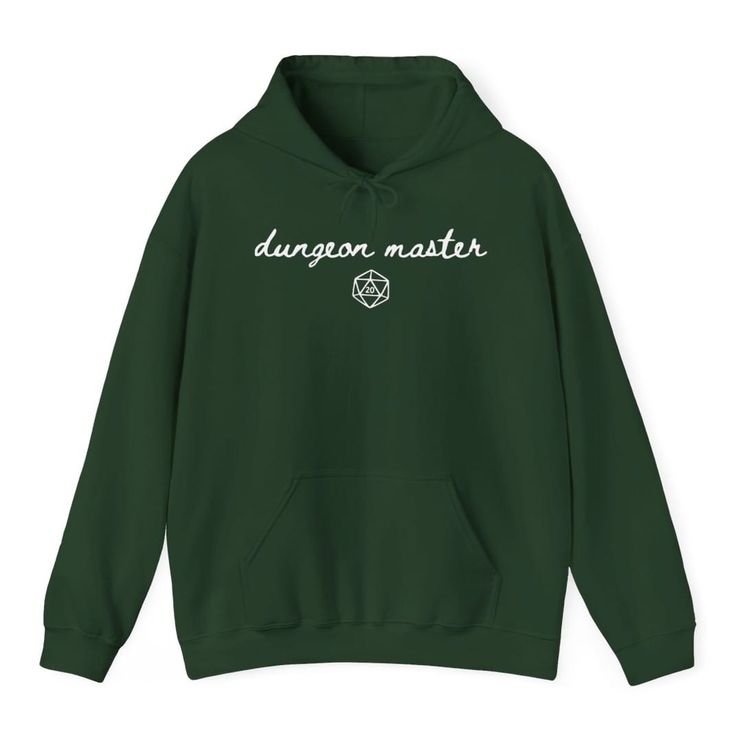 The same Dungeon Master handwritten design, on a forest green hoodie.