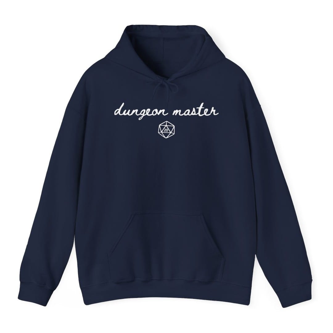 The same Dungeon Master handwritten design, on a navy hoodie.