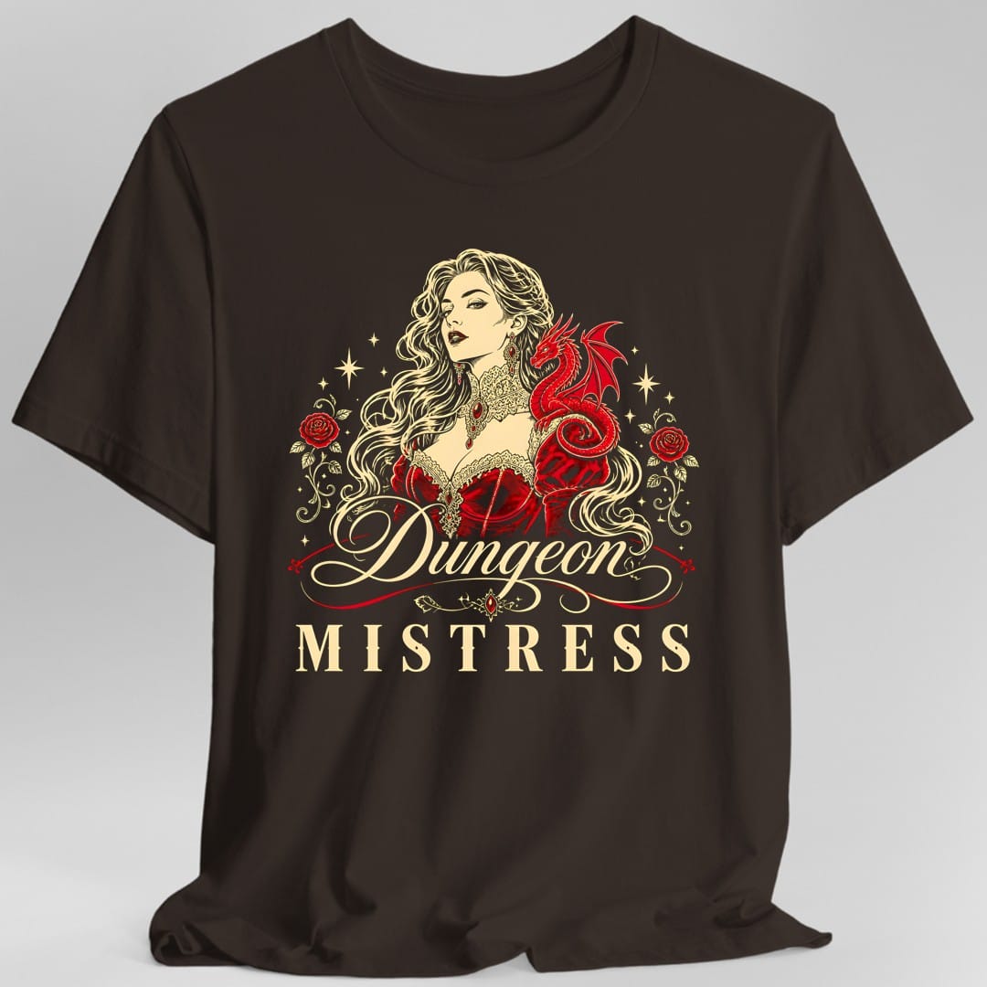 The same Dungeon Mistress design, on a dark chocolate t-shirt.