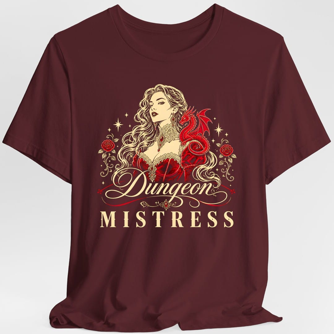 The same Dungeon Mistress design, on a maroon t-shirt.