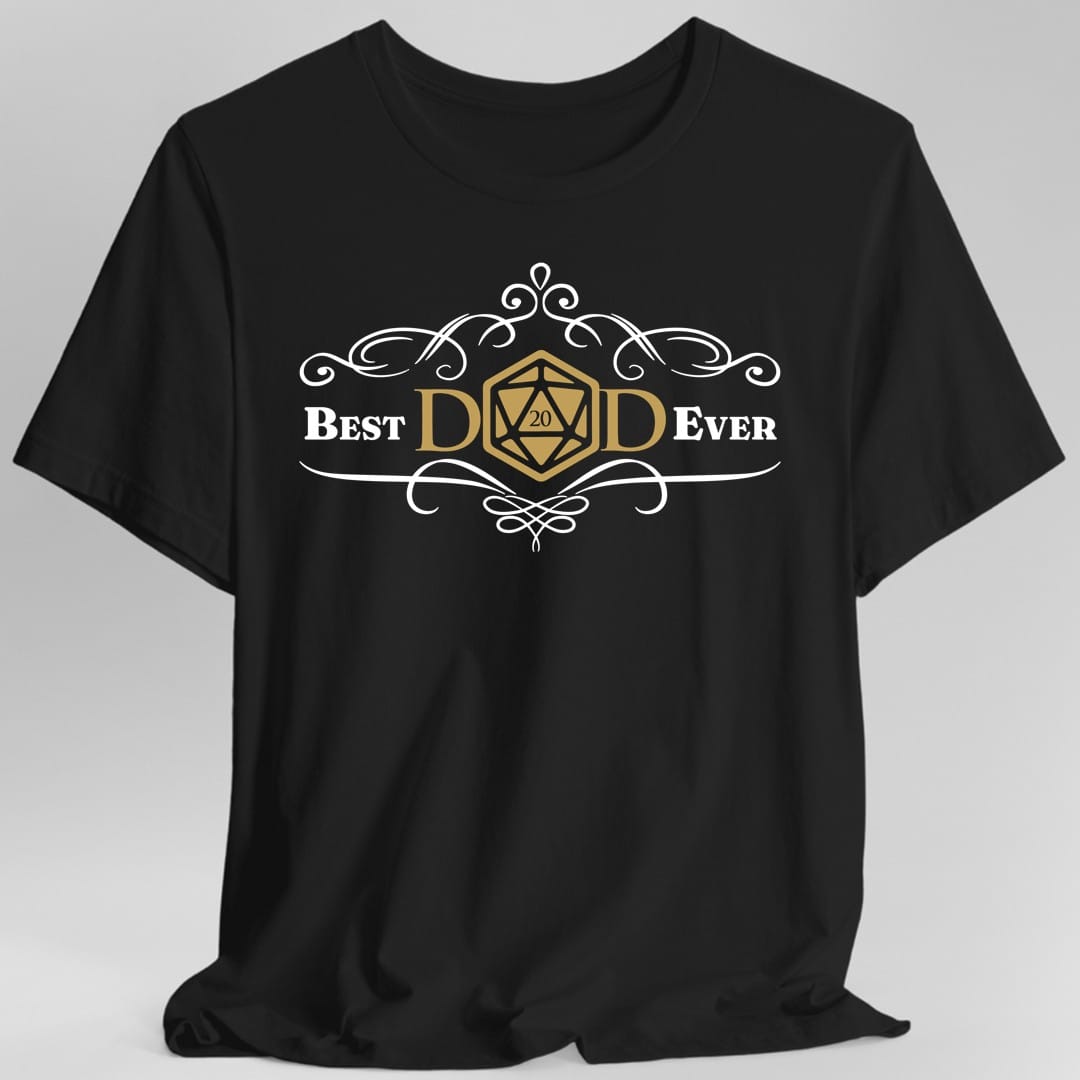 Black t-shirt. Reads "Best Dad Ever" in an elegant white serif, where the middle letter of DAD is replaced by a gold twenty-sided die with 20 on its face. Curling white filigree flourishes arch above and below the words like an old book plate. Small, centered, all type, in white and antique gold.