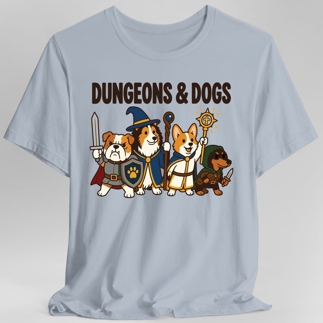 The same Dungeons and Dogs party design, on a light blue t-shirt.