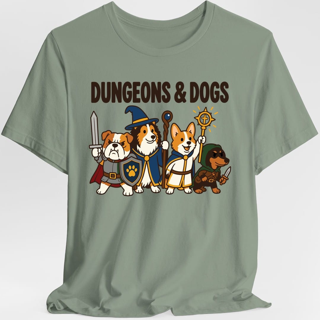 The same Dungeons and Dogs party design, on a sage t-shirt.