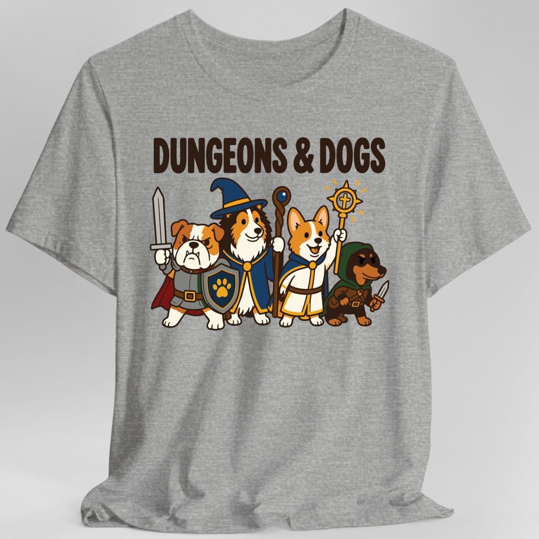 The same Dungeons and Dogs party design, on a sport grey t-shirt.
