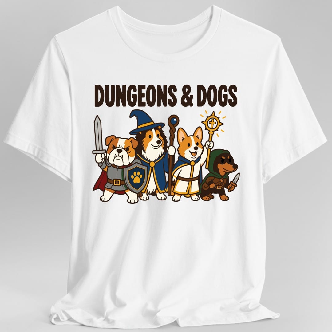 The same Dungeons and Dogs party design, on a white t-shirt.