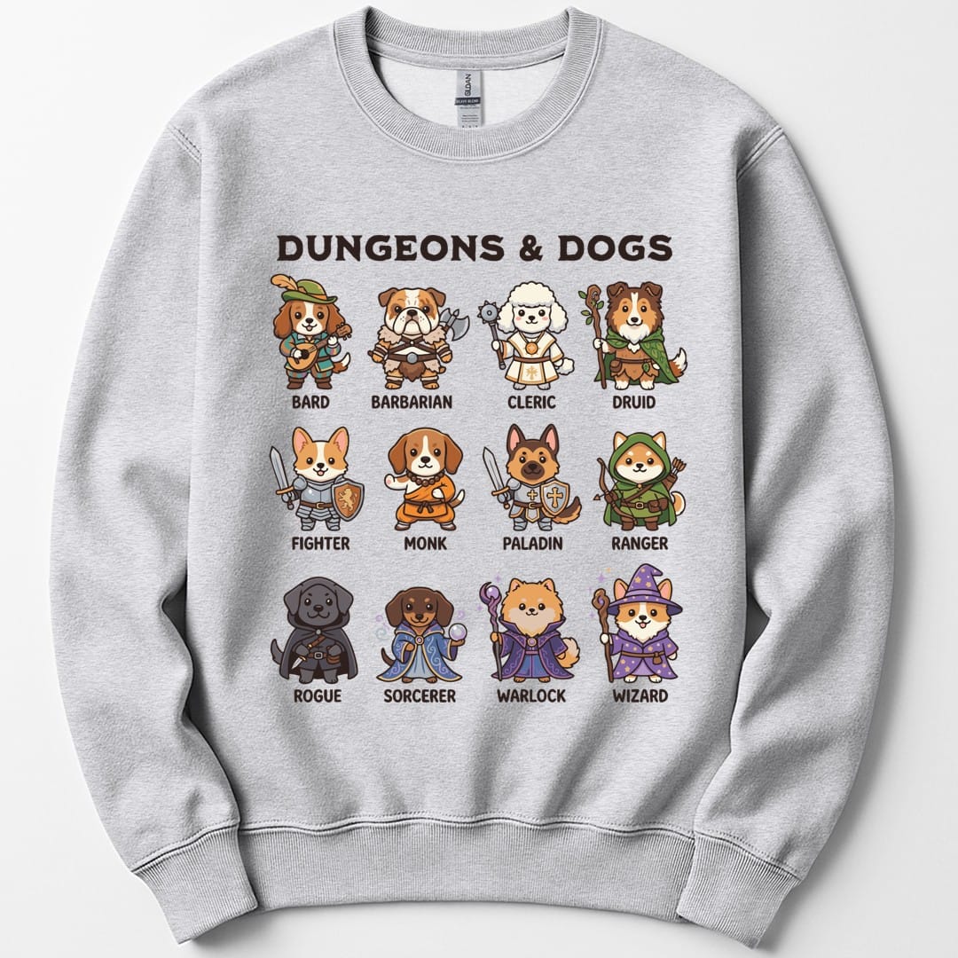 The same Dungeons and Dogs design, on an ash sweatshirt.