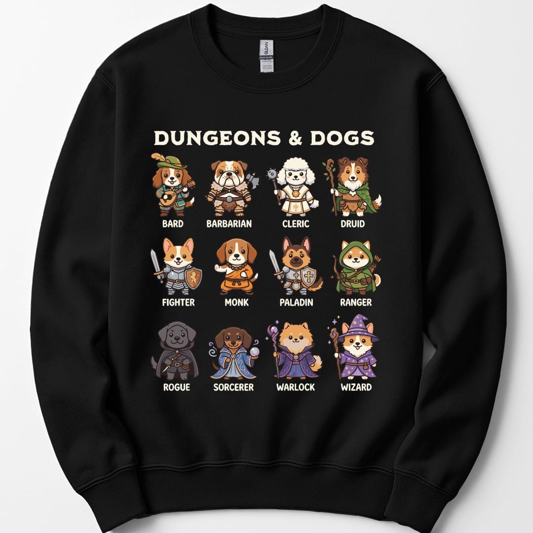 Black sweatshirt. Reads "Dungeons and Dogs" in chunky cream capitals across the top. Below it twelve cartoon dogs stand in a grid, each dressed as a Dungeons and Dragons class and labelled underneath: bard, barbarian, cleric, druid, fighter, monk, paladin, ranger, rogue, sorcerer, warlock and wizard, from a lute-playing spaniel to a corgi wizard in a purple starry hat. Warm rounded illustration in browns, creams, blues and purples.