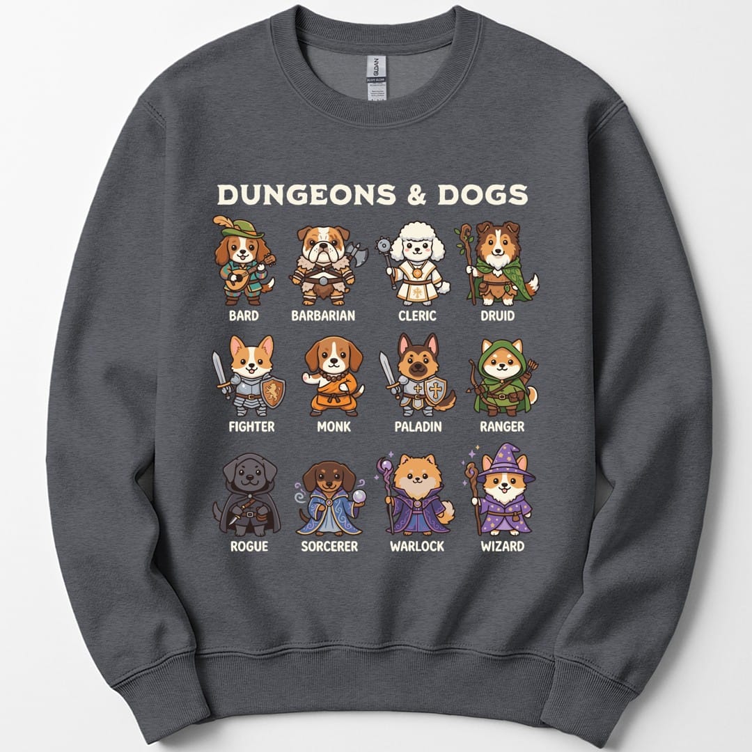 The same Dungeons and Dogs design, on a dark heather sweatshirt.