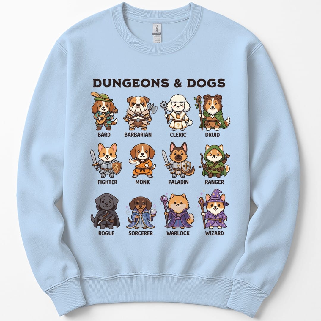 The same Dungeons and Dogs design, on a light blue sweatshirt.