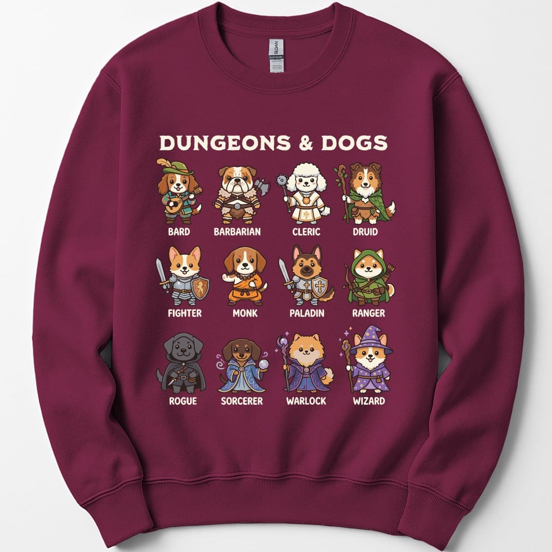 The same Dungeons and Dogs design, on a maroon sweatshirt.