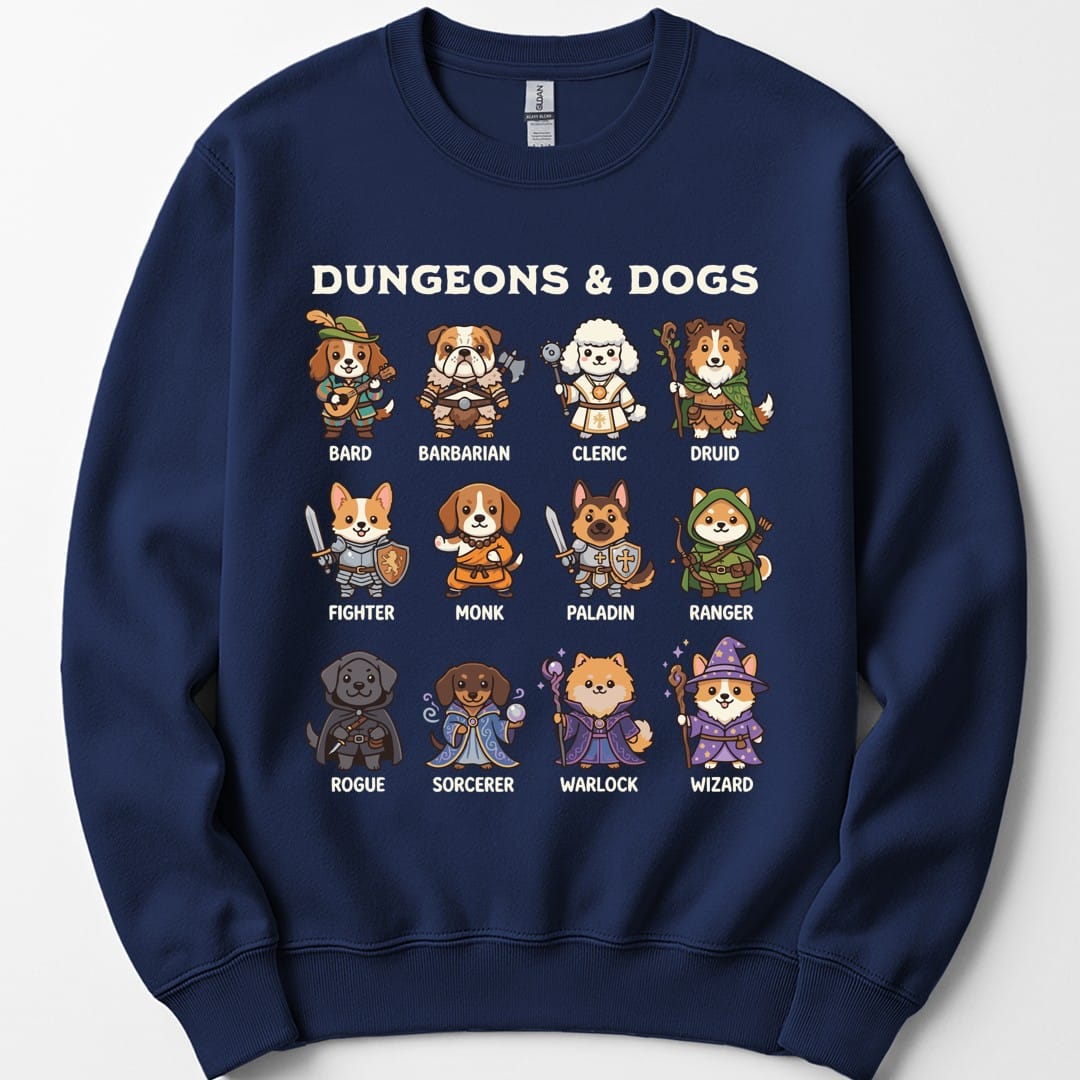 The same Dungeons and Dogs design, on a navy sweatshirt.