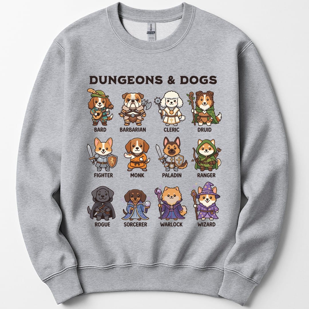 The same Dungeons and Dogs design, on a sport grey sweatshirt.