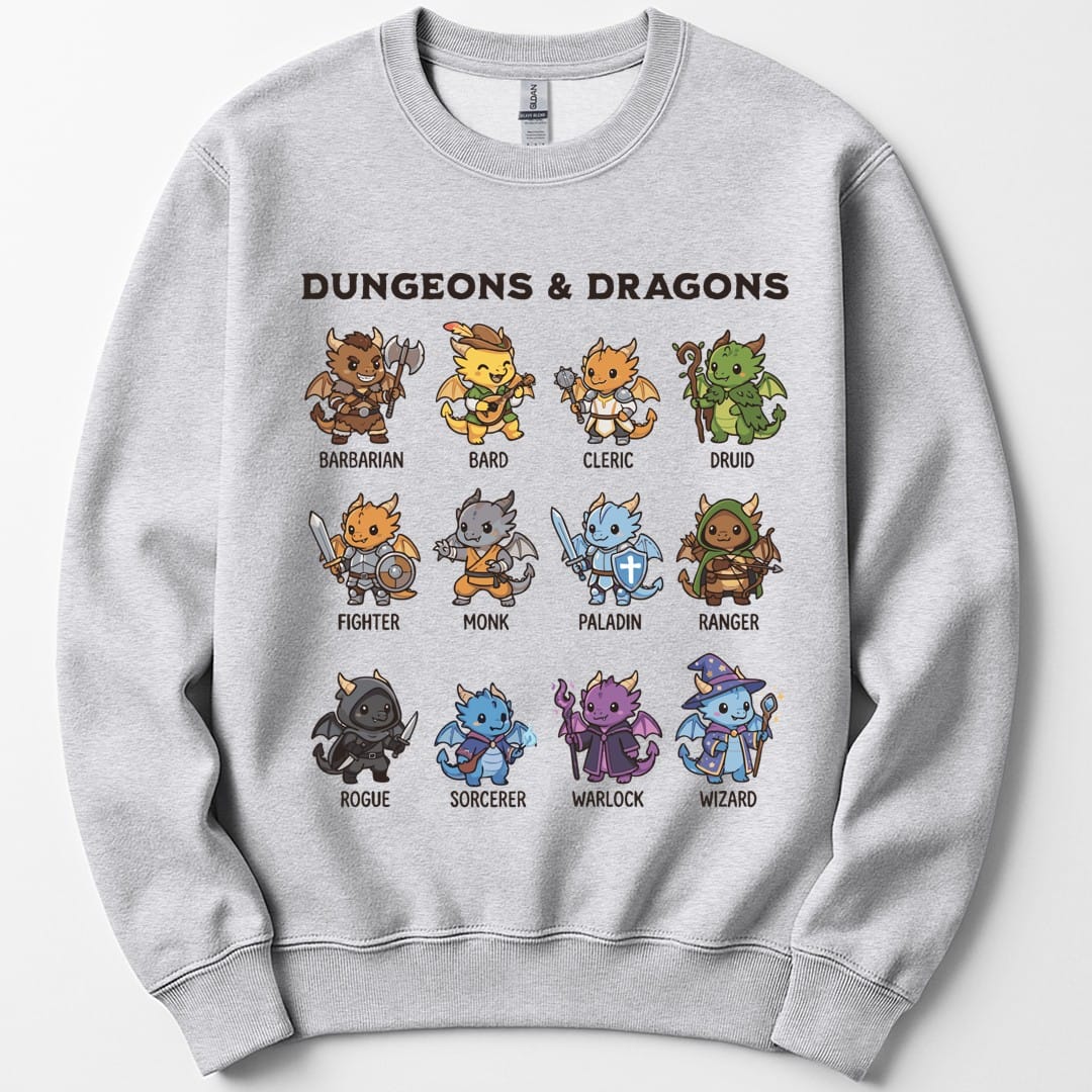 The same All Classes dragonfolk design, on an ash sweatshirt.
