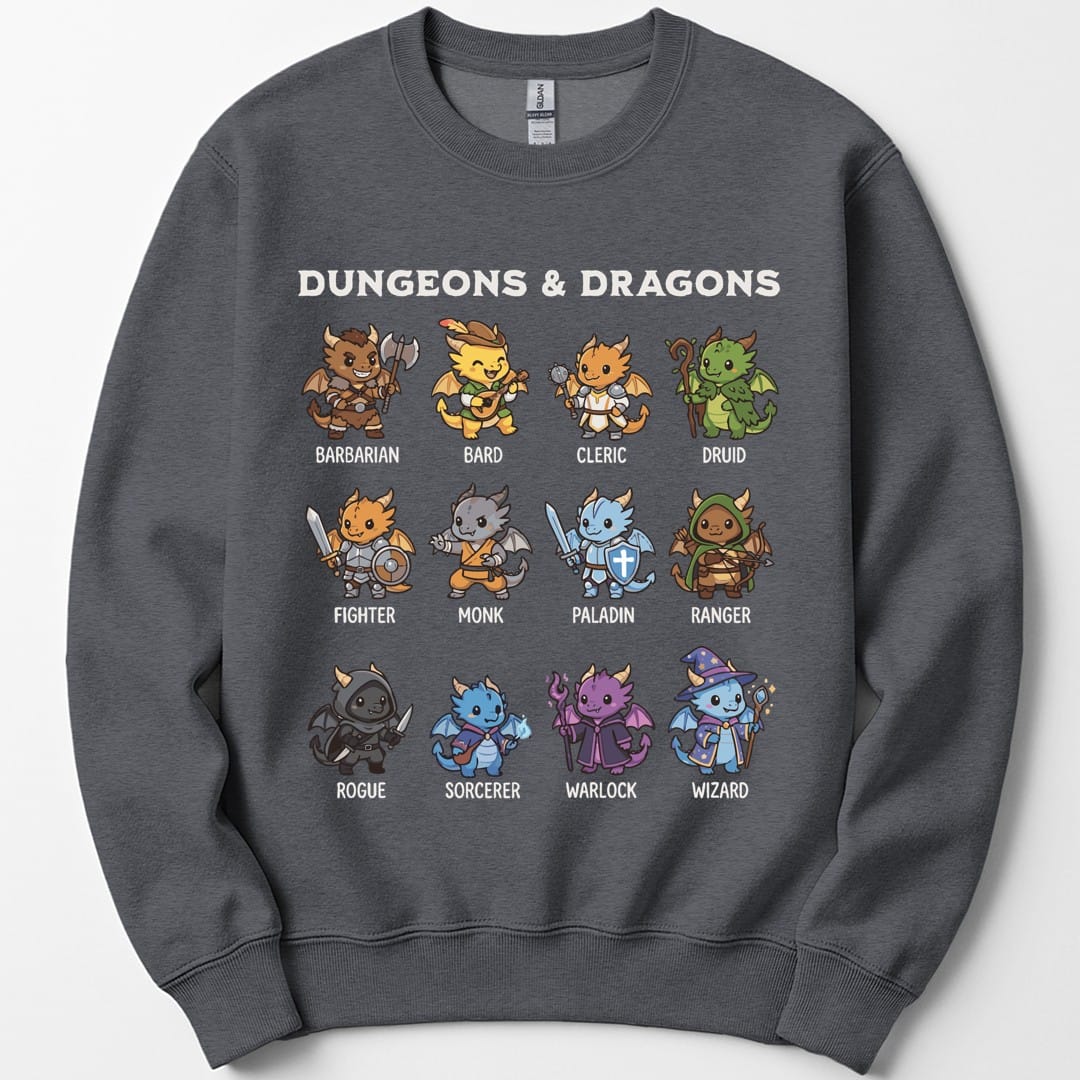 The same All Classes dragonfolk design, on a dark heather sweatshirt.