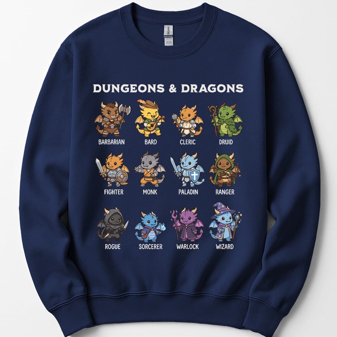 The same All Classes dragonfolk design, on a navy sweatshirt.
