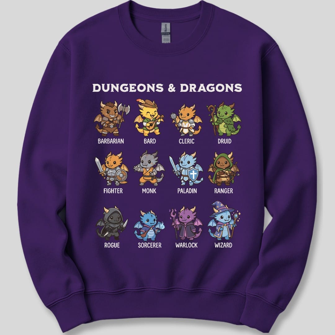 The same All Classes dragonfolk design, on a purple sweatshirt.