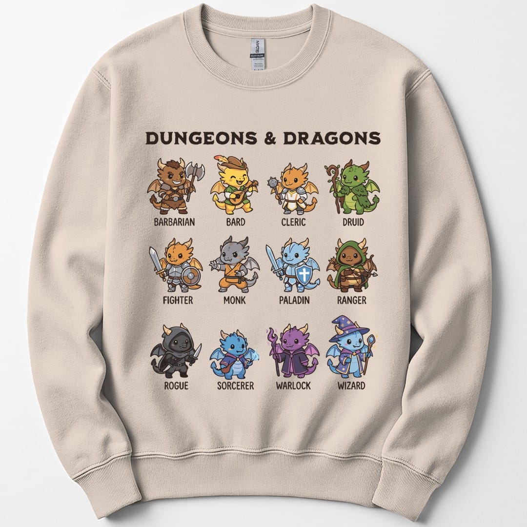 The same All Classes dragonfolk design, on a sand sweatshirt.
