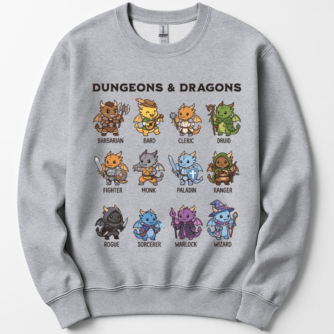The same All Classes dragonfolk design, on a sport grey sweatshirt.