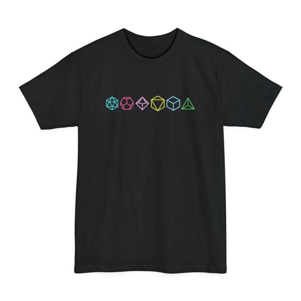 Black tall t-shirt. Six polyhedral dice sit in a single row across the chest, each a different shape and color, teal, pink, lilac, gold, blue and green, drawn as simple flat outlines with the facets showing. Small and centered, with no words at all.