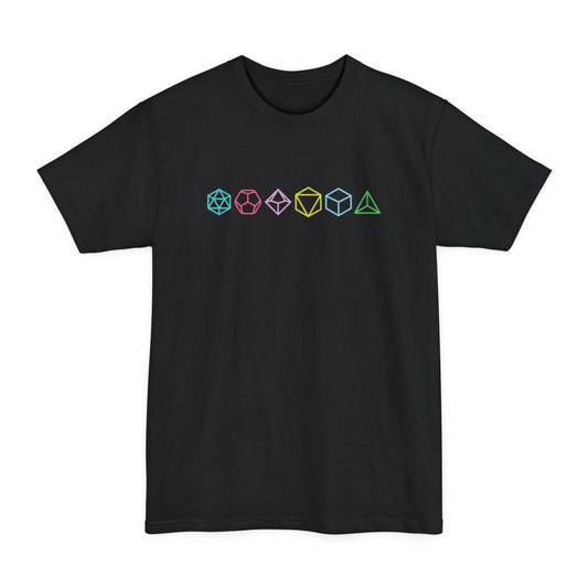 Black tall t-shirt. Six polyhedral dice sit in a single row across the chest, each a different shape and color, teal, pink, lilac, gold, blue and green, drawn as simple flat outlines with the facets showing. Small and centered, with no words at all.