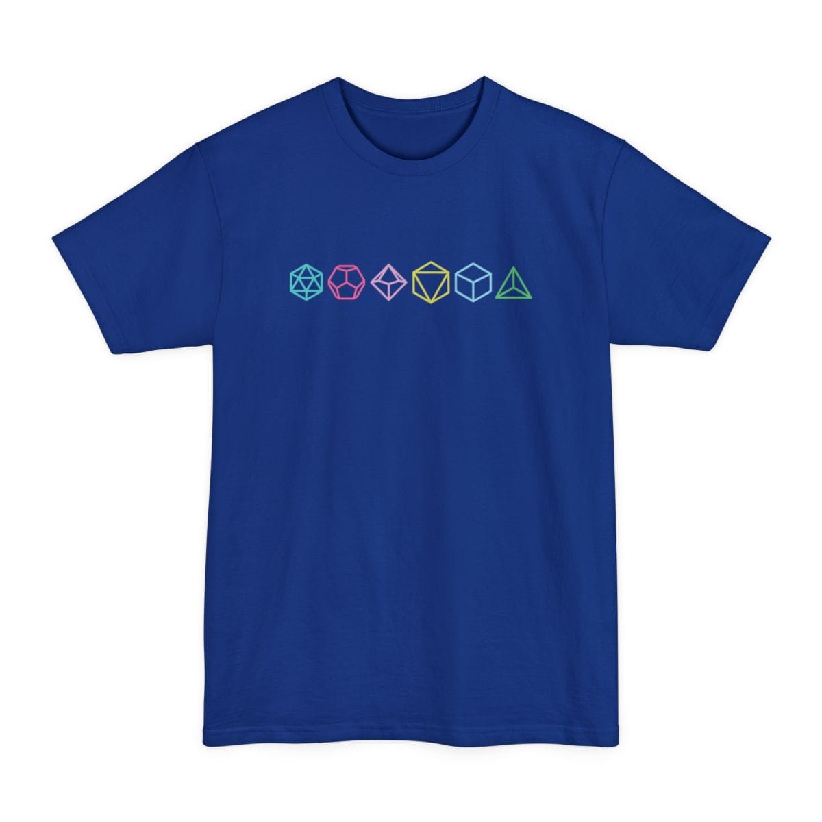 The same Row of Dice design, on a deep royal tall t-shirt.