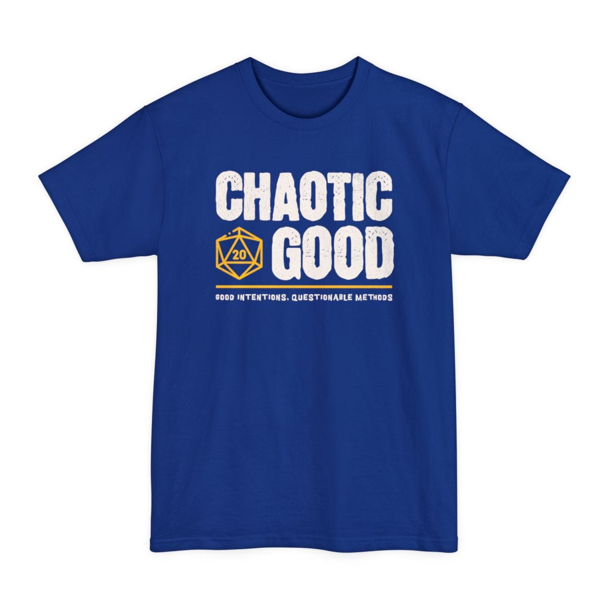 The same Chaotic Good design, on a deep royal tall t-shirt.