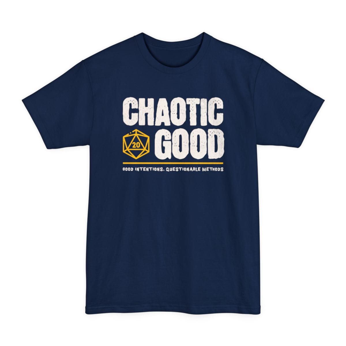 The same Chaotic Good design, on a navy tall t-shirt.